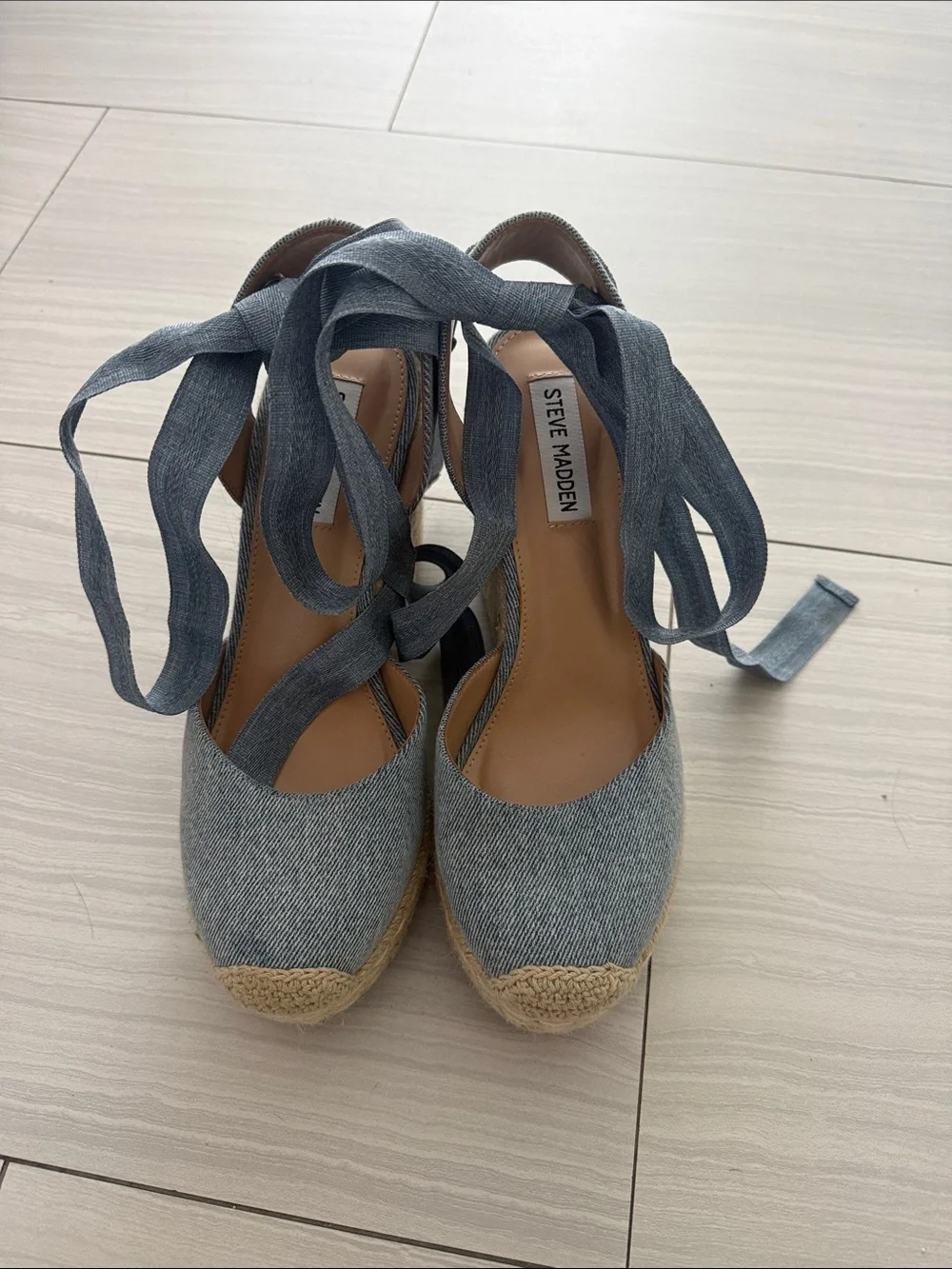 Steve Madden Denim Espadrille Wedge Sandals with Wrap Ties